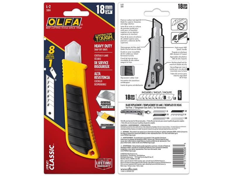 Olfa - 18mm L-2 Classic Rubber Grip Inset Ratchet-Lock Heavy-Duty Utility Knife with LB Silver Snap Blade
