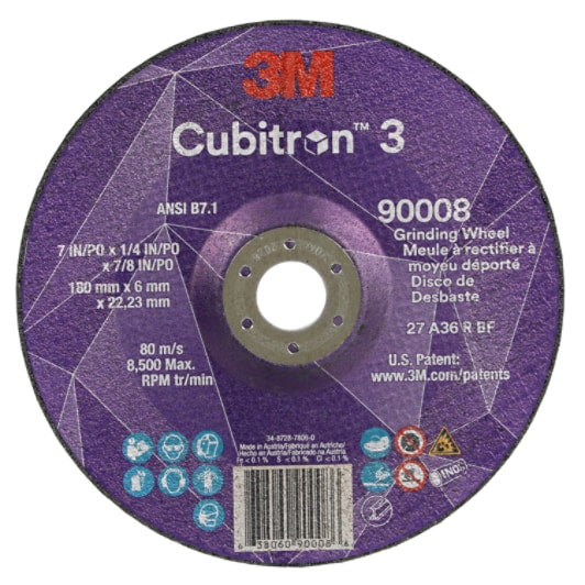 3M™ Cubitron™ 3 Depressed Center Grinding Wheel, 90008, 36+, T27, 7 in x 1/4 in x 7/8 in (180x6x22.23mm) ANSI, 10/Pack, 20 ea/Ca