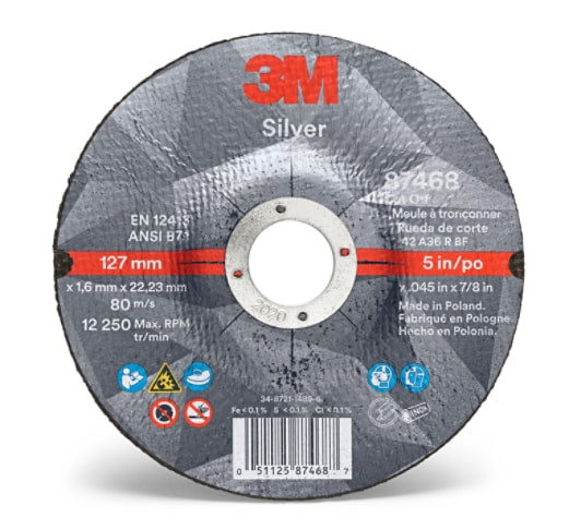 3M™ Silver Cut-Off Wheel 87468, T27, 5 in x .045 in x 7/8 in (127 mm x 1.143 mm x 22.225 mm), 25/Inner, 50/Case
