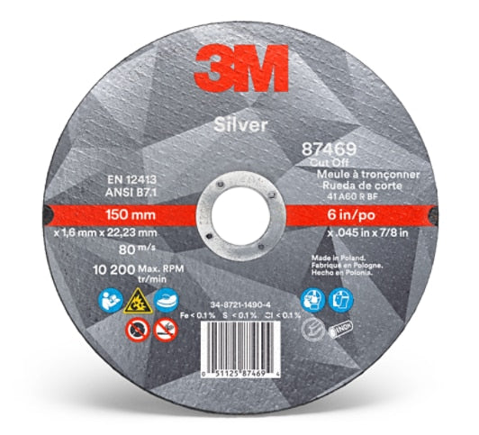 3M™ Silver Cut-Off Wheel 87469, T1, 6 in x .045 in x 7/8 in (152.4 mm x 1.143 mm x 22.225 mm), 25/Inner, 50/Case
