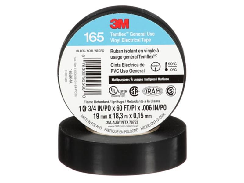 3M™ Temflex™ General Use Vinyl Electrical Tape 165, Black, 19 mm x 18 m (3/4 in x 60 ft), 0.15 mm (6 mil), Pack of 10