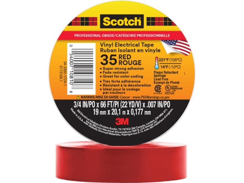 Scotch® Vinyl Colour Coding Electrical Tape, 35, red, 7 mil (0.18 mm), 3/4 in x 66 ft (19.1 mm x 20.1 m), professional grade