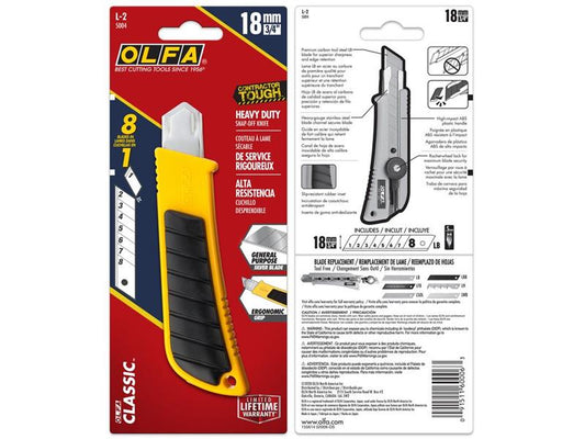 Olfa - 18mm L-2 Classic Rubber Grip Inset Ratchet-Lock Heavy-Duty Utility Knife with LB Silver Snap Blade
