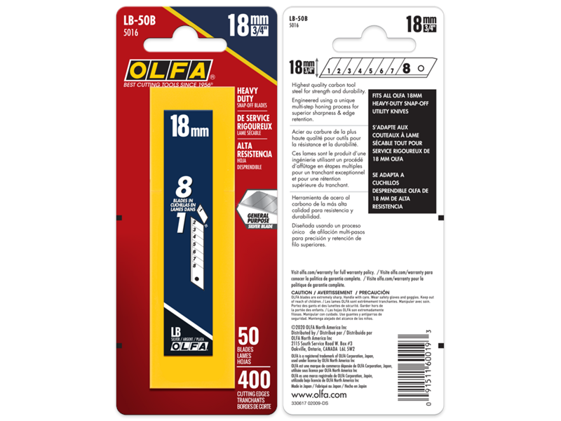 Olfa - LB-50B 18mm Silver Heavy-Duty Snap Blade, Pack of 50
