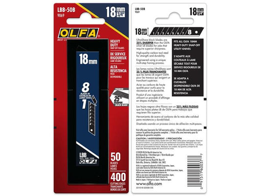 Olfa - LBB-50B 18mm Ultra-Sharp Black Heavy-Duty Snap Blade, Pack of 50
