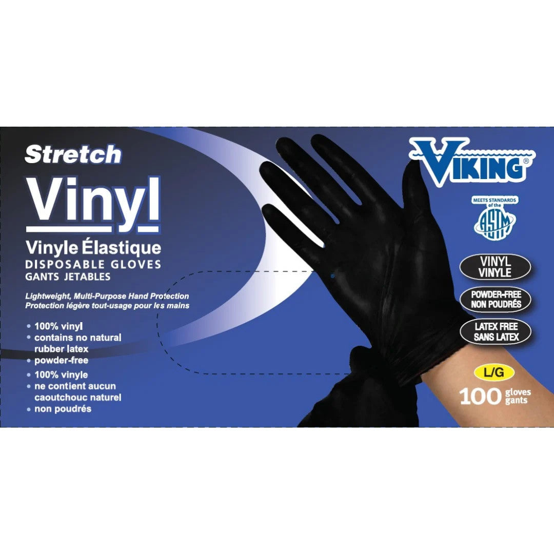 Viking - Phthalate-free Black Stretch Vinyl Disposable Gloves 100Ct | Box Of 100 | Pack Of 10