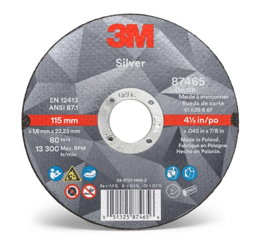 3M™ Silver Cut-Off Wheel 87465, T1, 4.5 in x .045 in x 7/8 in (114.3 mm x 1.143 mm x 22.225 mm), 25/Inner, 50/Case