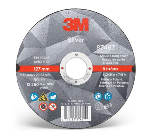 3M™ Silver Cut-Off Wheel 87467, T1, 5 in x .045 in x 7/8 in (127 mm x 1.143 mm x 22.225 mm), 25/Inner, 50/Case