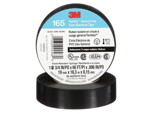3M™ Temflex™ General Use Vinyl Electrical Tape 165, Black, 19 mm x 18 m (3/4 in x 60 ft), 0.15 mm (6 mil), Pack of 10