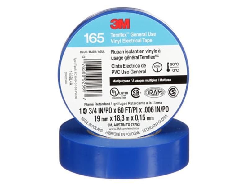 3M™ Temflex™ General Use Vinyl Electrical Tape 165, Blue, 19 mm x 18 m (3/4 in x 60 ft), 0.15 mm (6 mil)
