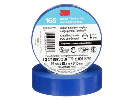 3M™ Temflex™ General Use Vinyl Electrical Tape 165, Blue, 19 mm x 18 m (3/4 in x 60 ft), 0.15 mm (6 mil)