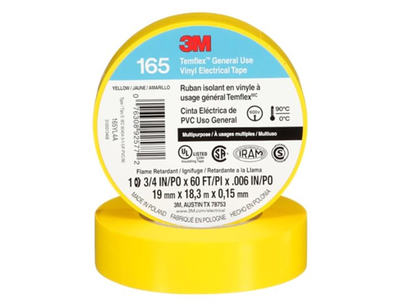 3M™ Temflex™ General Use Vinyl Electrical Tape 165, Yellow, 19 mm x 18 m (3/4 in x 60 ft), 0.15 mm (6 mil)