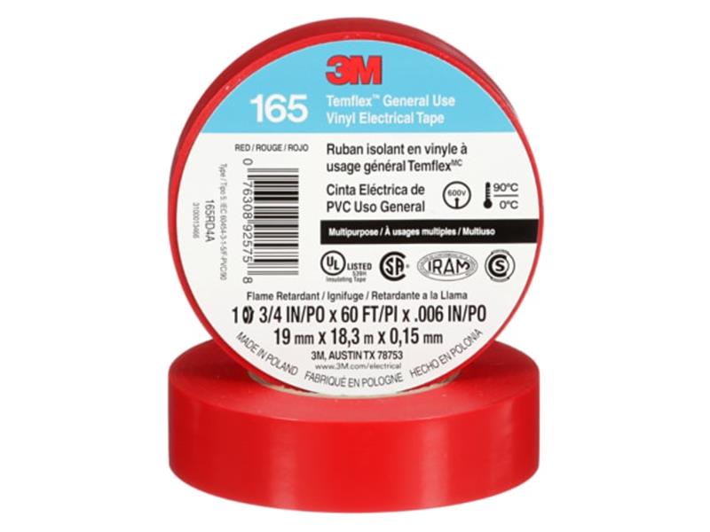 3M™ Temflex™ General Use Vinyl Electrical Tape 165, Red, 19 mm x 18 m (3/4 in x 60 ft), 0.15 mm (6 mil)