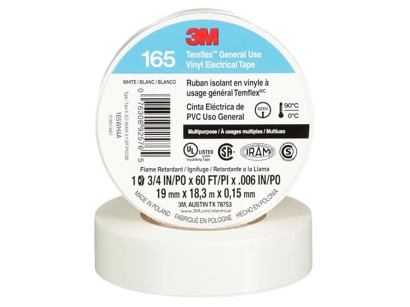 3M™ Temflex™ General Use Vinyl Electrical Tape 165, White, 19 mm x 18 m (3/4 in x 60 ft), 0.15 mm (6 mil), Pack of 10