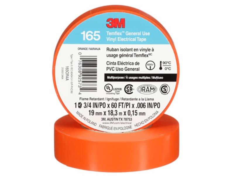 3M™ Temflex™ General Use Vinyl Electrical Tape 165, Orange, 19 mm x 18 m (3/4 in x 60 ft), 0.15 mm (6 mil)