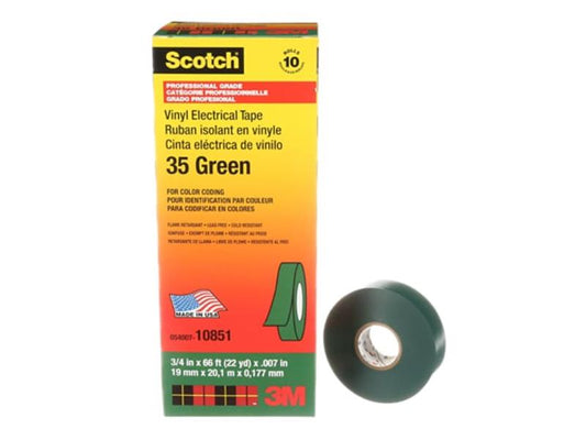 Scotch® Vinyl Colour Coding Electrical Tape, 35, green, 7 mil (0.18 mm), 3/4 in x 66 ft (19.1 mm x 20.1 m), professional grade