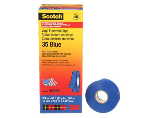 Scotch® Vinyl Colour Coding Electrical Tape, 35, blue, 7 mil (0.18 mm), 3/4 in x 66 ft (19.1 mm x 20.1 m)