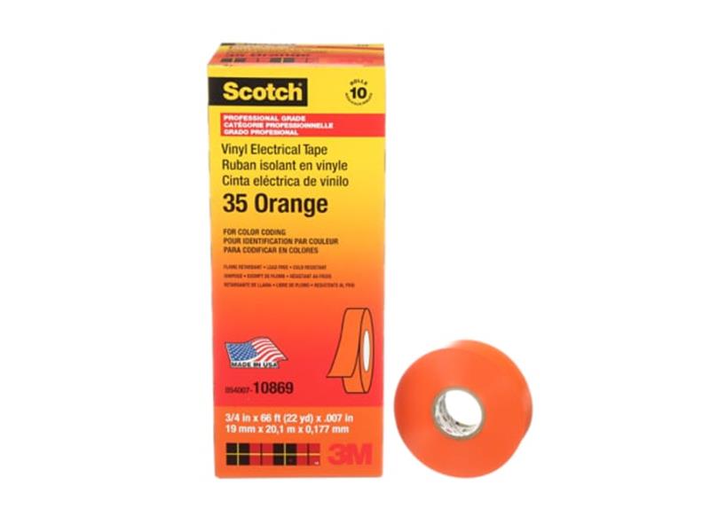 Scotch® Vinyl Colour Coding Electrical Tape, 35, orange, 7 mil (0.18 mm), 3/4 in x 66 ft (19.1 mm x 20.1 m), professional grade