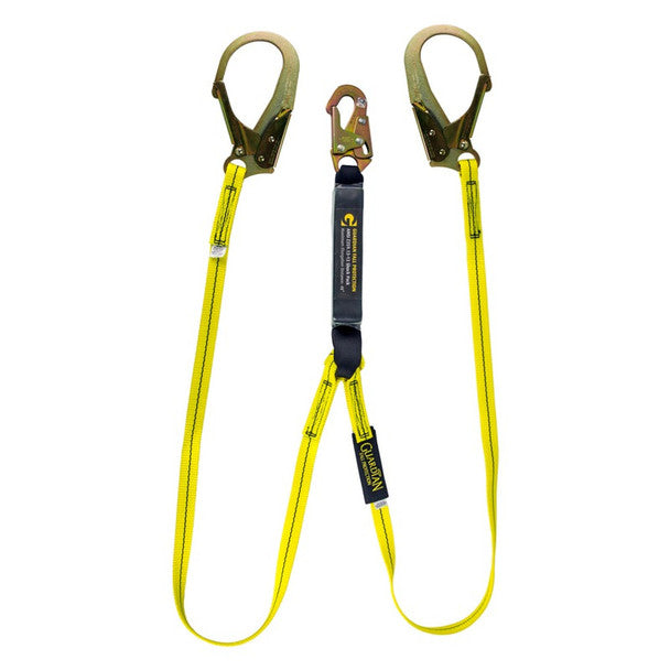 Guardian Fall Protection - 4' External Energy Absorbing Lanyard Dual Leg Yellow With 2" Rebar Hook