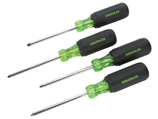 4-Piece Square-Recess Tip Driver Set, Contains – #0 x 4", #1 x 4", #2 x 4", & #3 x 4"
