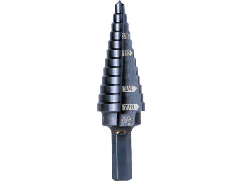 Klein - 12-Step Drill Bit, 3/8-Inch Hex, Double Straight Flute, 3/16-Inch to 7/8-Inch