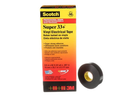 Scotch® Super 33+™ Professional Grade Vinyl Electrical Tape, black, 7 mil (0.18 mm), 3/4 in x 66 ft (19 mm x 20 m)