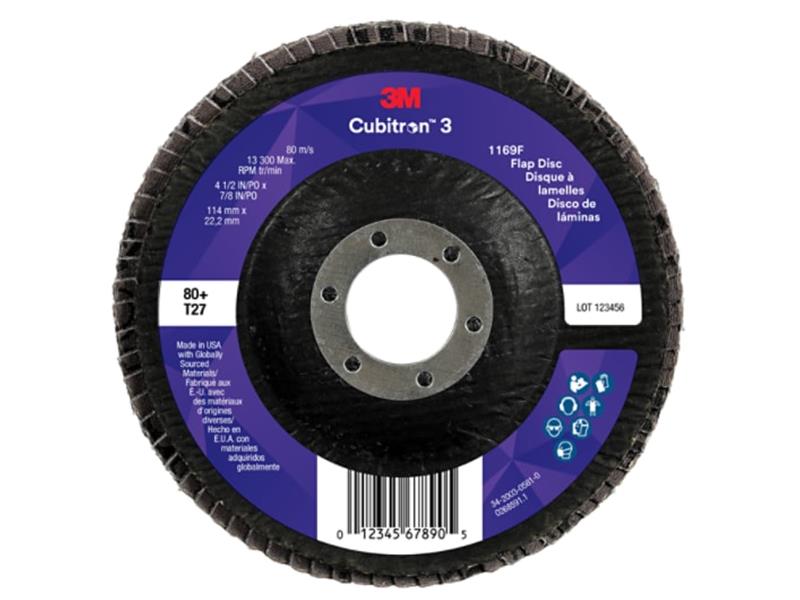 3M™ Cubitron™ 3 Flap Disc 1169F, 80+, T27-Flat, 4-1/2 in x 7/8 in (114.3 mm x 22.23 mm)