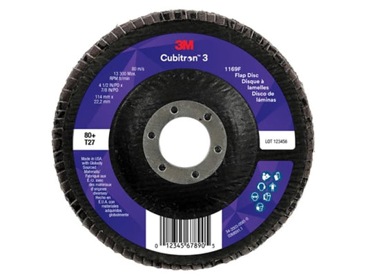 3M™ Cubitron™ 3 Flap Disc 1169F, 80+, T27-Flat, 4-1/2 in x 7/8 in (114.3 mm x 22.23 mm)