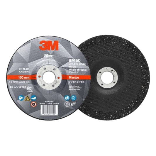 3M™ Silver Depressed Center Grinding Wheel, 87450, T27, black, 6 in x 1/4 in x 7/8 in (15.24 cm x 6.35 mm)